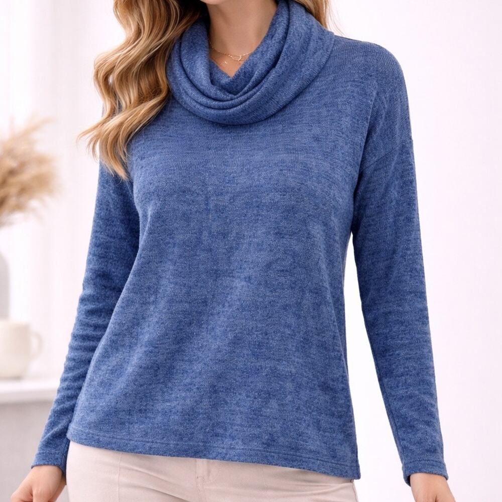 Clara Sun woo Crop Brushed Fleece Turtleneck size PM Blue Watercolor Long Sleeve